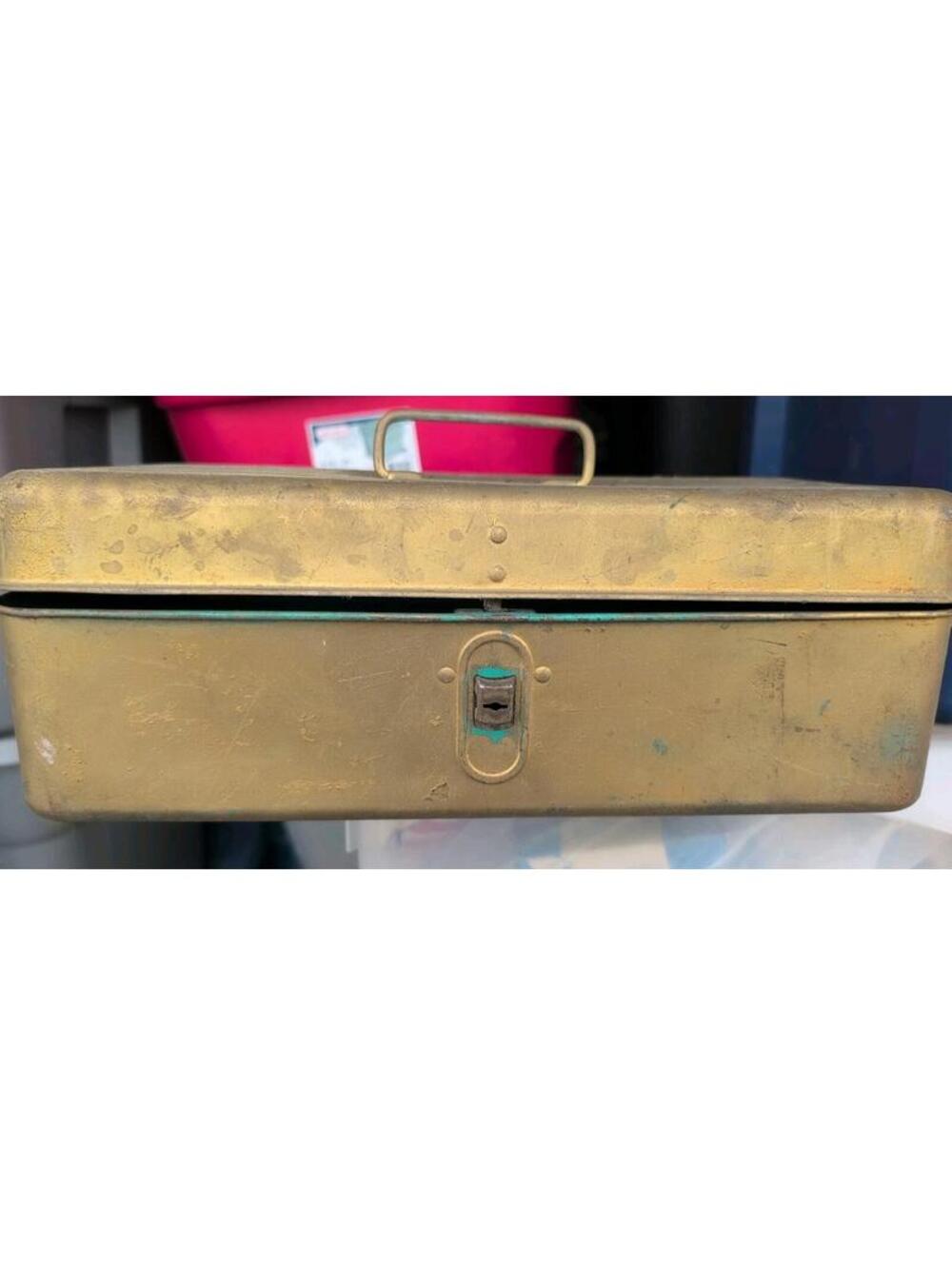 Liberty Steel Chest Corp. Metal Box original Green/Teal painted gold vintage